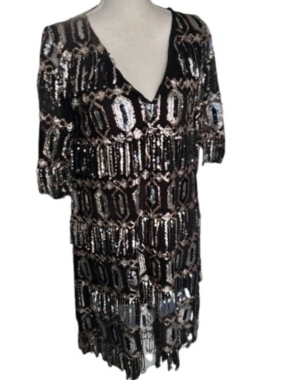 Mesh Sequined Sheer Fringe Gold Silver ZARA Dress Flapper Style Sheer Illusion